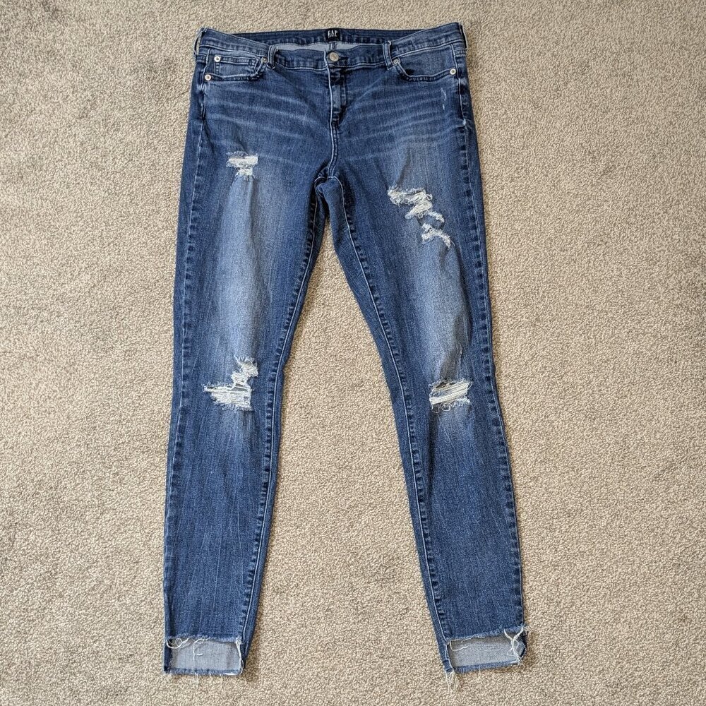 GAP True Skinny Blue Stretchy Denim Low-Rise Distressed Jeans; Size 33 Tall